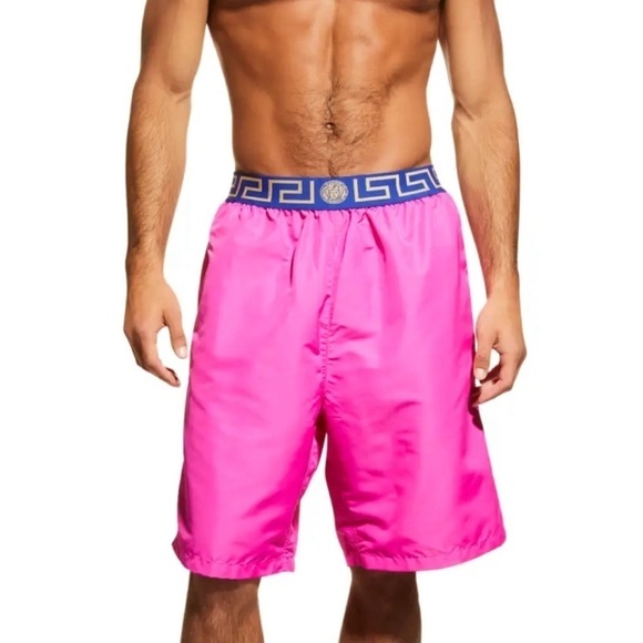 Versace Men’s Swim Shorts Pink Blue Gold Greca Waistband Size 3 XS NWT - Picture 2 of 3